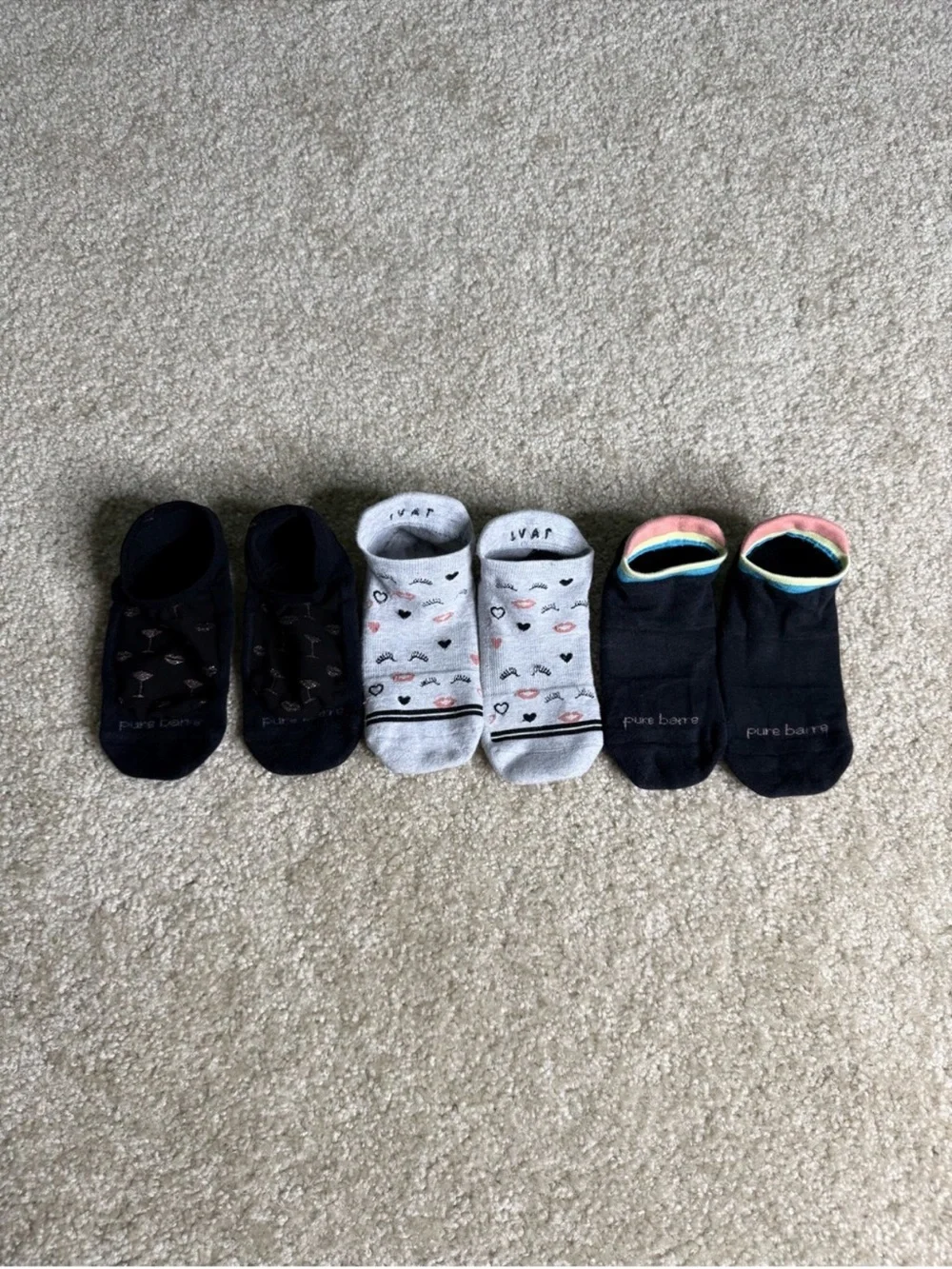 Pure Barre Men's No-Show Sock 3-Pack in Black and Light Gray with Accent Trim
